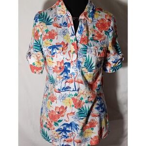 Emily Daniels Shirt Womens Small White Tropical Flamingo Floral Button Front
